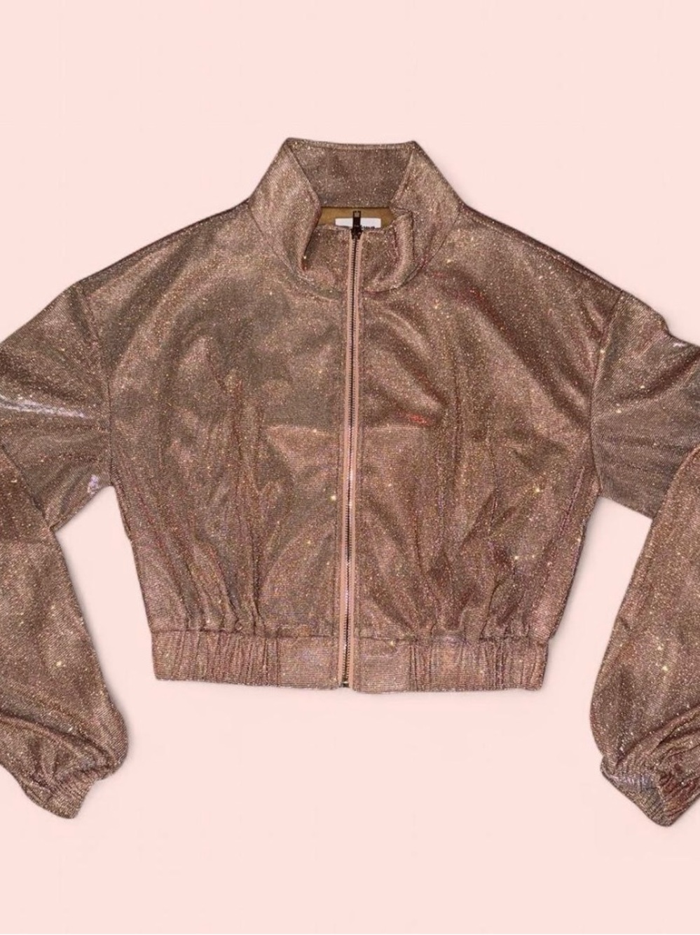 Superdown Metallic Rose Gold Cropped Bomber Jacket Size M Shimmer Zip Up